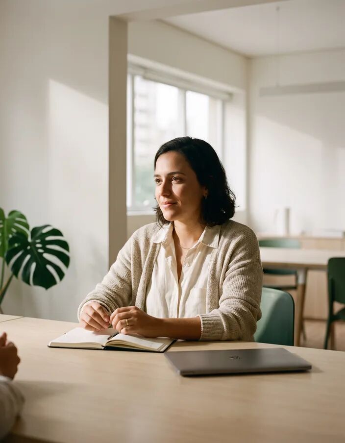 Pessoa sentada à mesa de trabalho durante uma conversa, com um caderno aberto à frente.